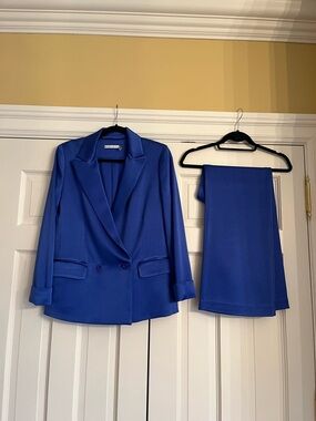 Alice + Olivia Electric Blue Double-Breasted Blazer & Pants Suit Silk